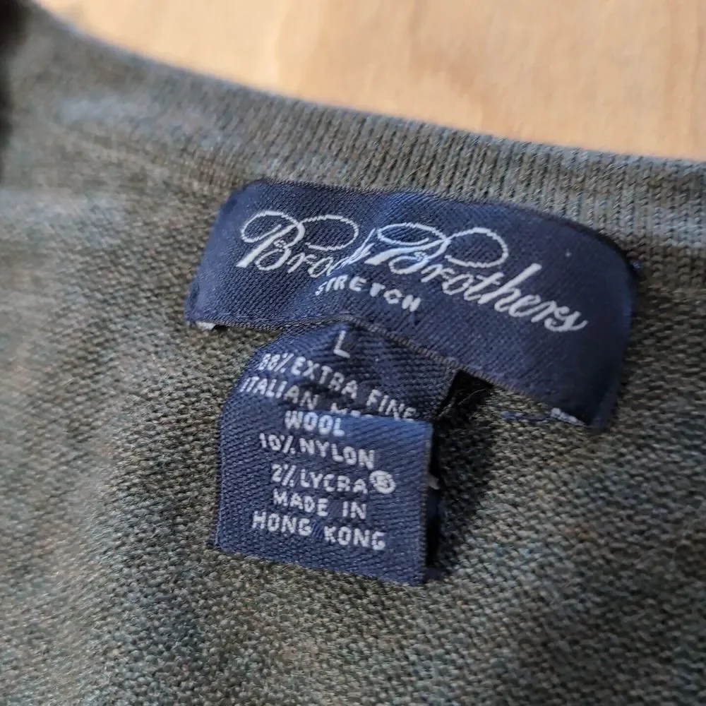 Brooks Brothers Stretch Green Extra Fine‎ Merino Wool Nylon V-Neck Sweater Men L